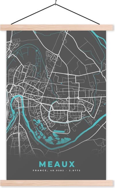 Posterhanger incl. Poster 40x60 cm - Schoolplaat - Plattegrond – Meaux – Stadskaart – Kaart – Frankrijk - Textielposter - Blanke latten - Stadskaart