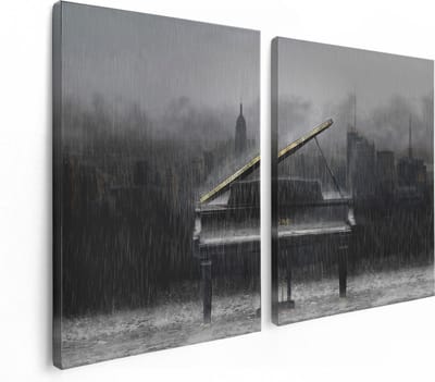 Artaza Canvas Schilderij Tweeluik Piano in de Regen voor een Stad - 120x80 - Foto Op Canvas - Canvas Print