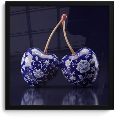 Poster in lijst - Fotolijst 40x40 cm - Posters - Porselein- Kersen - Delfts - Blauw - Posterlijst zwart - Decoratie - Wanddecoratie woonkamer - Muurdecoratie slaapkamer