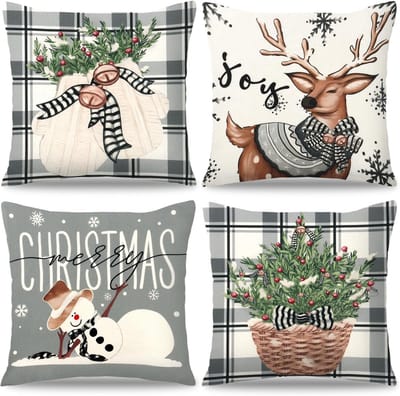 Kerst Kussenhoezen Set van 4 met Sneeuwman, Rendier en Kerstboom - Decoratieve Kussens voor de Woonkamer, Winterse Sfeer, Grijs, 40 x 40 cm