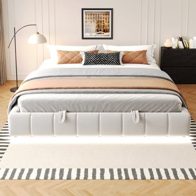 MEUNIQ gestoffeerd bed 180x200 cm zonder hoofdbord met hydraulische opbergruimte, LED-lichtstrip en lattenbodem, tweepersoons bedframe voor slaapkamer, beige