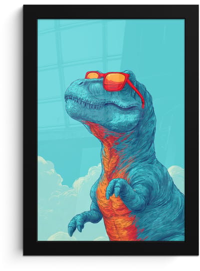 Poster in lijst - Fotolijst 20x30 cm - Posters - T-Rex - Blauw - Wolken - Zonnebril - Posterlijst zwart - Decoratie - Wanddecoratie woonkamer - Muurdecoratie slaapkamer