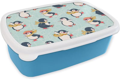 Broodtrommel Blauw - Lunchbox - Brooddoos - Kinderen - Pinguïn - Schaatsen - Winter - Patronen - 18x12x6 cm - Kinderen - Jongen