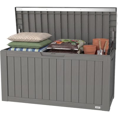 LifeGoods – Kussenbox S Opbergbox – 117.5 x 47.5 x 59 cm – Voorzien Van 300L Inhoud En Luxe Gasveer En Verstevigd Frame – Voor Tuin En Terras – Grijs Kunststof