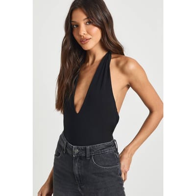 boohoo Dames Dubbellaags Slinky Sjaal Detail Halterneck Bodysuit | Black | Maat: 16