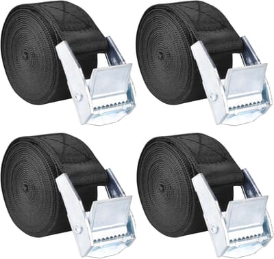 Verstelbare Spankbanden 25 mm Breed, 200 kg Laadvermogen, Roestvrije Bevestigingsriemen voor Fietsen, Motoren en Kampeerspullen, 4 Stuks van 2 Meter in Zilver en Zwart