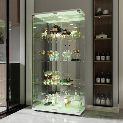 Vitrinekast Glas - Displaykast Opbergkast - Waardevolle Spullen Tonen - Verstelbare Ledverlichting - 36.5x80.5x164 cm - Wit