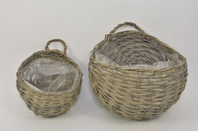 Oneiro Luxe Bloempot Set/2 wandhanger rond riet grijs 32x32x38cm – hotel chique - binnen ––– accessoires – tuin – decoratie – bloemen – mat – glans – industrieel - droogbloemen - Buiten bloempot - tuin - tuinieren