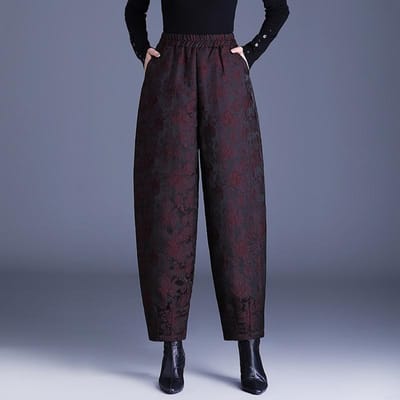 Jacquard Harlan Broek Dames Winter Gevoerd Warm Grote Maat Bloomers Mode Casual Broek 3XL fuchsia