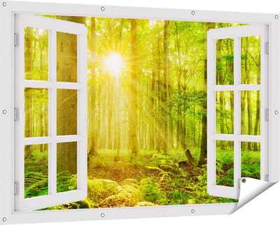Gards Tuinposter Doorkijk Groen Bos met Schijnende Zonnestralen - 150x100 cm - Tuindoek - Tuindecoratie - Wanddecoratie buiten - Tuinschilderij