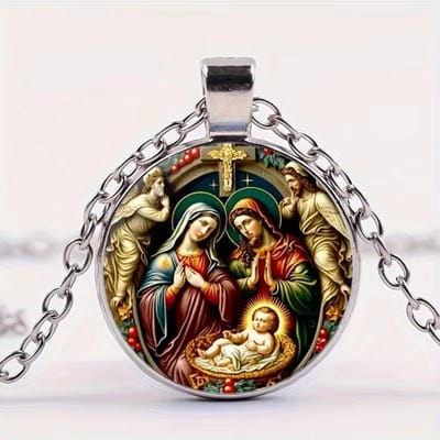 Christelijke Heilige Familie Ketting Rond Jezus Glazen Koepel Cabochon Hangers Kettingen Religieuze Sieraden black