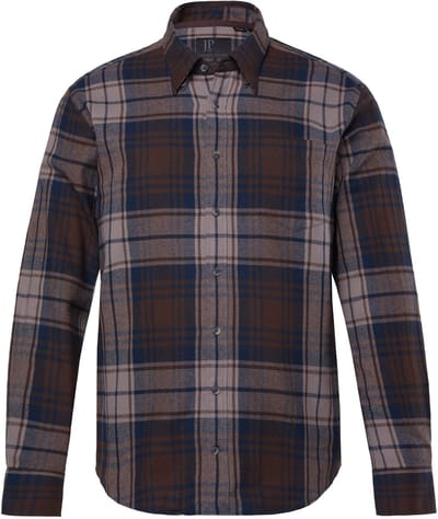 JP 1880 - Heren - Geruit flanellen overhemd lange mouwen Modern-Fit - Aarde bruin - Maat 4XL
