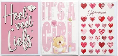 3 Wenskaarten - It’s a Girl + Heel veel liefs + Gefeliciteerd - 12 x 17 cm – GEB-308