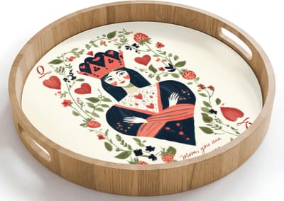 Dienblad rond 40x40 cm - Schootdienblad hout - Speelkaart - Hartenkoningin - Bloemen - Hartjes - Borrelplank rechthoek - Plateau houten dienbladen
