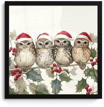 Poster in lijst - Fotolijst 40x40 cm - Posters - Uilen - Tak - Hulstblaadjes - Kerstmuts - Posterlijst zwart - Decoratie - Wanddecoratie woonkamer - Muurdecoratie slaapkamer - Kerstversiering - Kerstdecoratie voor binnen - Kerstmis