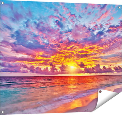 Gards Tuinposter Zonsondergang op het Strand in de Malediven - 100x80 cm - Tuindoek - Tuindecoratie - Wanddecoratie buiten - Tuinschilderij