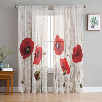 Jeugd Slaapkamer Transparante Gordijnen Retro Houtnerf Rode Klaprozen Keuken Studeerkamer Gordijnen Woonkamer Vakantie Decor Tule Gordijnen 135W x 114H(cm)