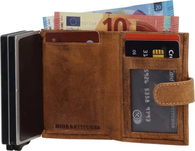 Hide & Stitches Idaho Safety Wallet Unisex - Pasjeshouder voor 5 t/m 8 pasjes - Portemonnee van 100% Leder - Bruin