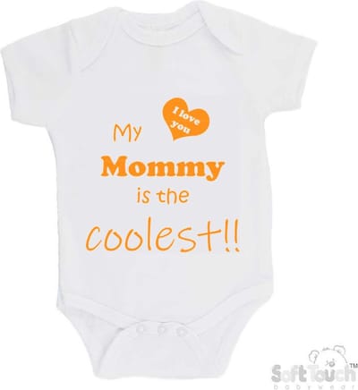 100% katoenen Romper "My mommy is the coolest!! / I love you" Moeder Moederdag Mama Unisex Katoen Wit/mosterd Maat 62/68