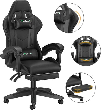 Bigzzia Gaming stoel - Ergonomisch PU leer - In hoogte verstelbare bureaustoel - met lendensteun en hoofdsteun - 155° verstelbare rugleuning - Gaming stoel volwassenen kinderen