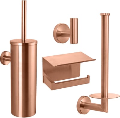 VDN Stainless Toiletaccessoireset rosé goud 4-delig - Geborsteld RVS - Toiletborstelhouder - Toiletrolhouder met plankje - Handdoekhaakje - Reserverolhouder