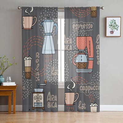 Dranken Koffiekopje Molen Tule Gordijnen voor Woonkamer Slaapkamer Transparant Gordijn voor Balkon Hal Mode Bedrukt Huis Draperieën 135W x 114H(cm) gray