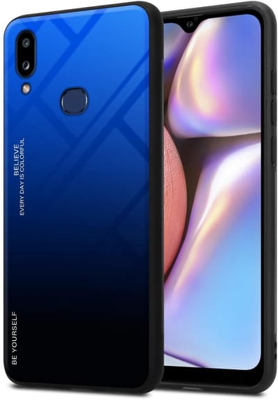 Cadorabo Hoesje geschikt voor Samsung Galaxy A10s / M01s in BLAUW - ZWART - Tweekleurige beschermhoes van TPU-silicone Case Cover en achterzijde van gehard glas