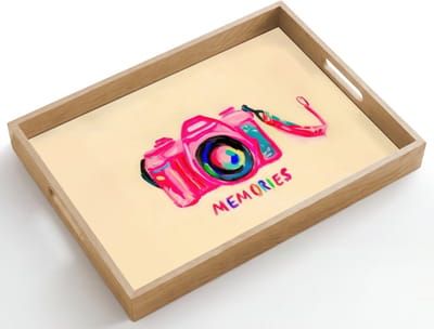 Dienblad hout 50x35 cm - Schootdienblad - Camera - Memories - Roze - Geschilderd - Borrelplank rechthoek - Plateau dienbladen