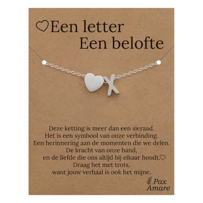 Letter X Armband op Cadeau Kaartje - Een letter, een belofte - 15,5cm + 5,5cm verstelbaar Zilverkleurig Stainless Steel - Initiaal & Hartje Hanger - Pax Amare