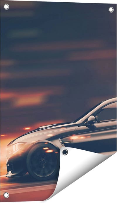 Gards Tuinposter Zwarte Sportwagen Auto met Vlammen - 40x60 cm - Tuindoek - Tuindecoratie - Wanddecoratie buiten - Tuinschilderij