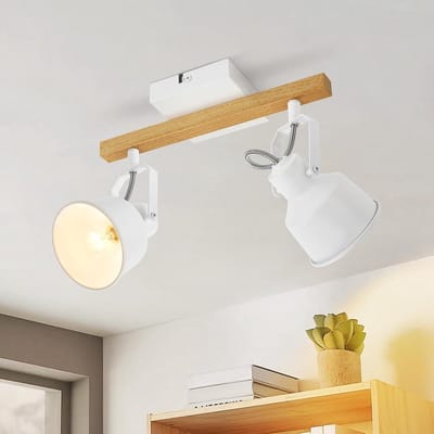 Vintage plafondspot met 2 draaibare vlammen voor woonkamer, slaapkamer en kantoor - Industrieel design met E14 fitting en houtlook