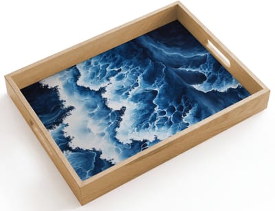 Dienblad hout 40x30 cm - Schootdienblad - Golven - Blauw - Schuim - Borrelplank rechthoek - Plateau dienbladen