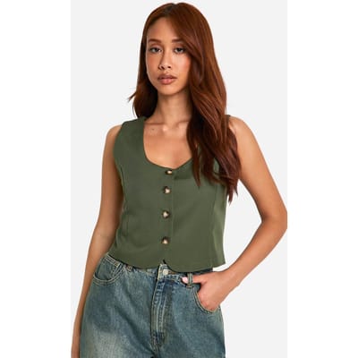 boohoo Dames Cropped vest met vierkante hals | Khaki | Maat: 14