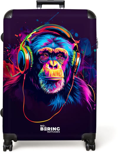 NoBoringSuitcases.com® - Koffer groot - Reiskoffer lichtgewicht - Chimpansee met koptelefoon in neonkleuren - Rolkoffer met 4 wielen - Grote trolley XL - 98 liter bagage