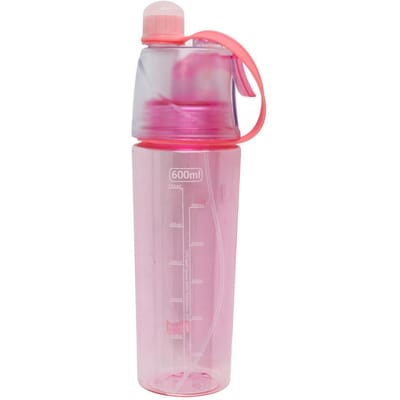 Bouteille d'eau portable transparente en plastique 600 ml avec tête de pulvérisation anti-fuite pour sport, école, cyclisme Pinkish