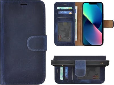 Geschikt voor iPhone 13 Mini Hoesje - Bookcase - Portemonnee Hoes Echt leer Wallet case Denim Blauw