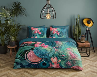 HIP dekbedovertrek mandala�s en bloemen - 1 persoons 140x200/220 cm - Petrol - 100% Katoen satijn