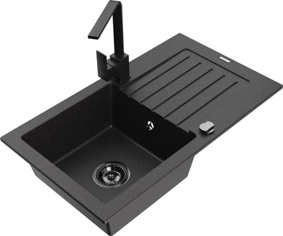 Mexen Pablo granieten gootsteen 1-koa met afdruiprek en keukenmengkraan Rita, zwart/zilver metallic - 6510-73-670300-70-B