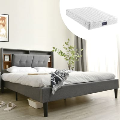 MEUNIQ Polsterbed 140x200 cm met opberg-hoofdbord, USB-aansluitingen en LED-verlichting, bedframe voor slaapkamer, grijs