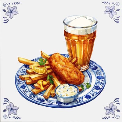 Delfts blauw tegeltje met Patat, Schnitzel en Bier - delfts blauw wandbord - delftsblauw - hollandse cadeautjes - wanddecoratie - decoratieve accessoires