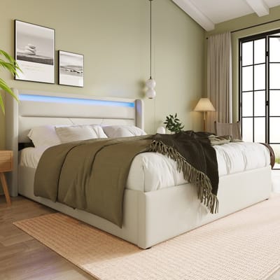 MEUNIQ tweepersoons opbergbed 160x200 cm met LED hoofdbord, hydraulische lattenbodem, kunstleren bedframe met afstandsbediening, slaapkamer, wit
