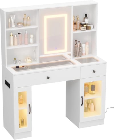 Kaptafel met schuifspiegel en 3-kleurige ledverlichting, blad van gehard glas, opberglades en geïntegreerde USB-/stroomaansluitingen