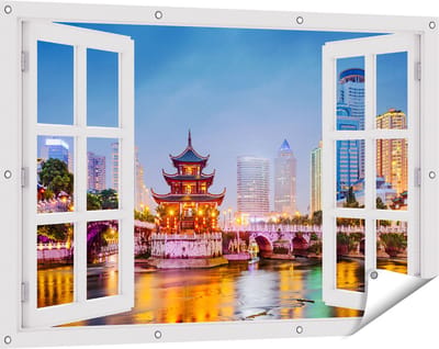 Gards Tuinposter Doorkijk Rivier bij Stad Guiyang in China - 120x80 cm - Tuindoek - Tuindecoratie - Wanddecoratie buiten - Tuinschilderij