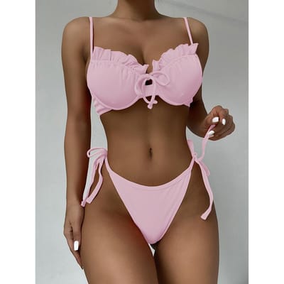 Dames Bikini Push Up 5 Kleuren Badpak Vrouwelijk Badpak Sexy Bikini Set Ruches Biquini Micro Bikini Biquini Zwempak Badpak M roze