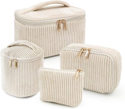 Make-up Tasje - Corduroy Cosmetica Tas - Mini Reisetui - Set van 4 - Met Rits & Steekzakken - Toilettas - Weekendtas & Portemonnee - Beige