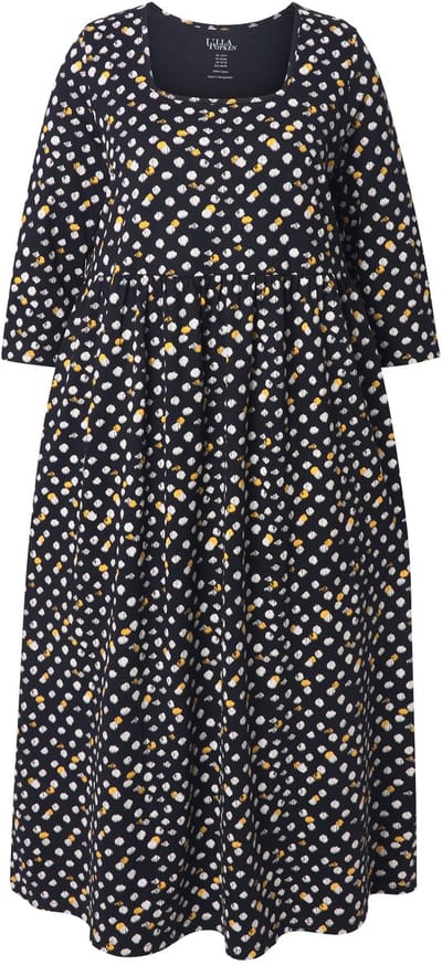 Ulla Popken - Dames - Maxi-jurk stippen A-lijn carréhals 3/4-mouwen - Zwart - Maat 66+