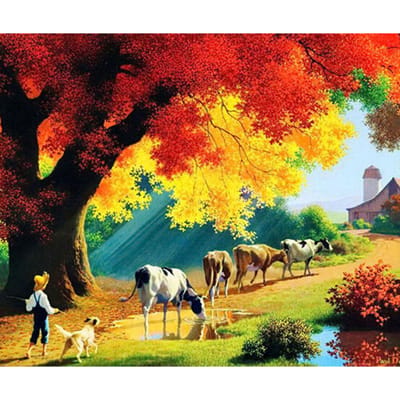 5D Diy Diamant Schilderij Volledige Boor Kruissteek Koe Landschap Ronde Steentjes Mozaïek Cadeau Woondecoratie 20X30CM yellow