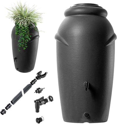 KADAX Regenton van kunststof, 210 l, regenwatertank met kraan, plantenbak en deksel, decoratieve regentank, vorstbestendig regenvat