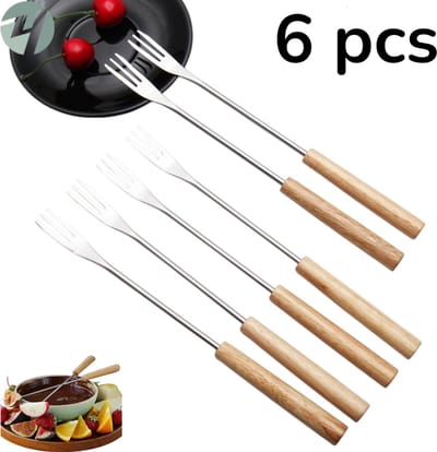 6 stuks - Fonduevork - Fruitvork - Roestvrijstalen fonduevork - Fonduevorkenset - Zilver - Kaasfonduevork - Chocoladevork met houten handvat - Roestvrijstalen taartdipvork - Kaasdipvork