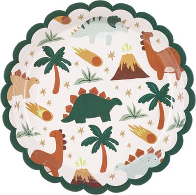 PartyDeco gebaksbordjes Dino (6 st 18 cm) - Kartonnen gebaksbordjes dino thema met schulprand - donkergroen - goud - wit